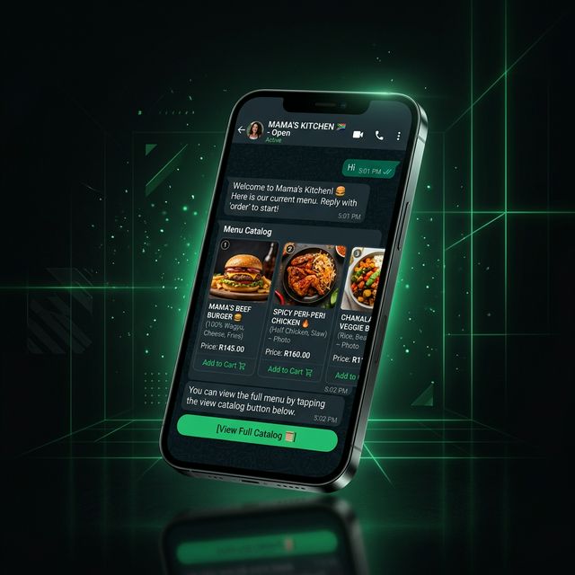 WhatsApp restaurant ordering bot showing a menu catalog with food items, prices in ZAR, and order confirmation